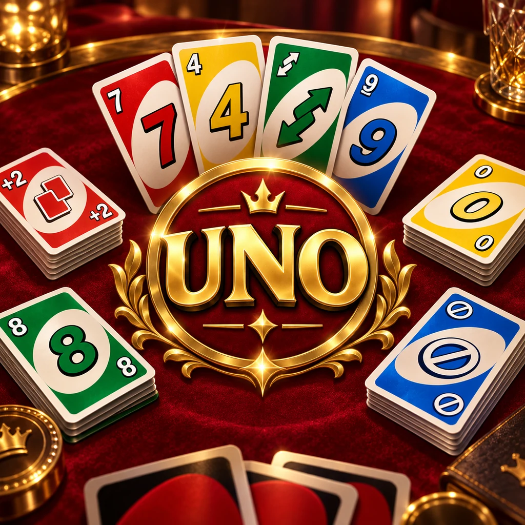 Цветные карты UNO на бордовом игровом столе